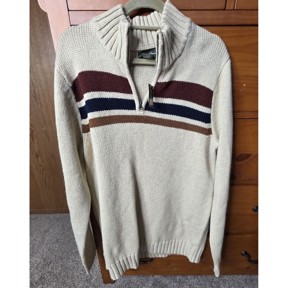 NWT Eddie Bauer 1/4 Zip Pullover Sweater Size Large Tall Cream Stripe Burgundy